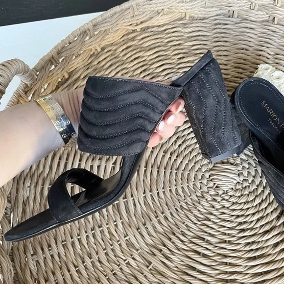 New Marion Parke BLACK Quilted Suede Leather Slide Sandals - Picture 9 of 15
